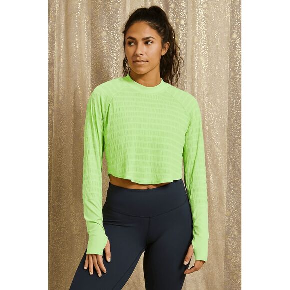Free People Movement Bright Green Sheer Stripe Long Sleeve Crop Athletic Top Lar - Picture 8 of 8